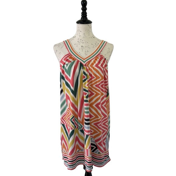 XS BCBG Maxazria V Halter Shift Dress Zig Zag Dress Colorful Tropical Y2K 2000s - Picture 1 of 10